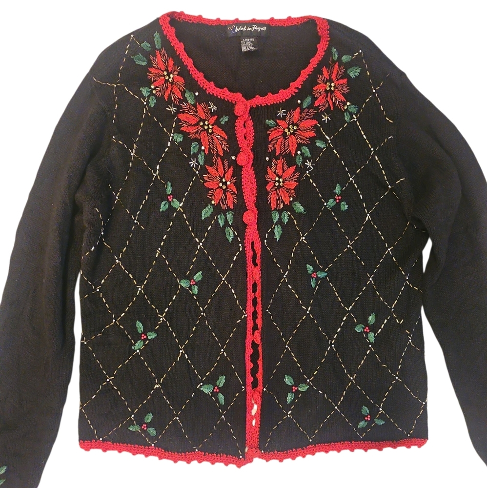 Vintage Christmas Poinsetta Beaded Cardigan